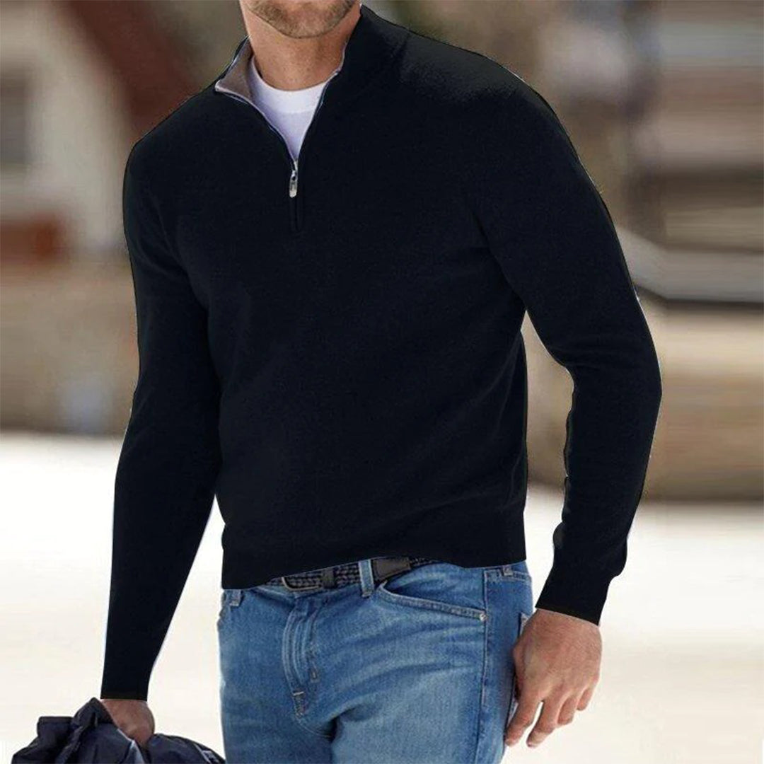 Men's Sweater Quarter-Zip Raised Collar Long Sleeve - Black
