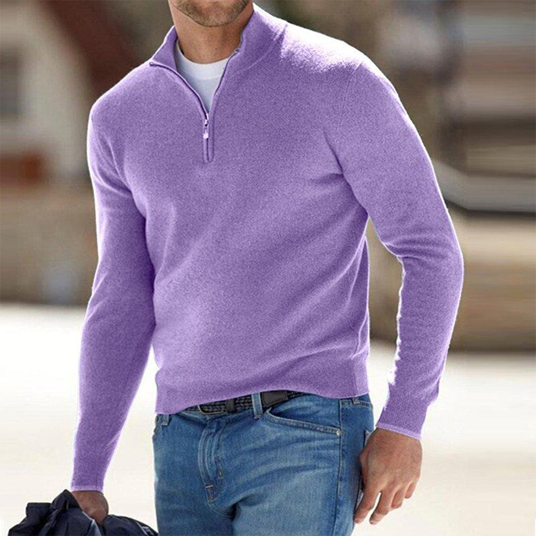 Men's Sweater Quarter-Zip Raised Collar Long Sleeve - Light Purple