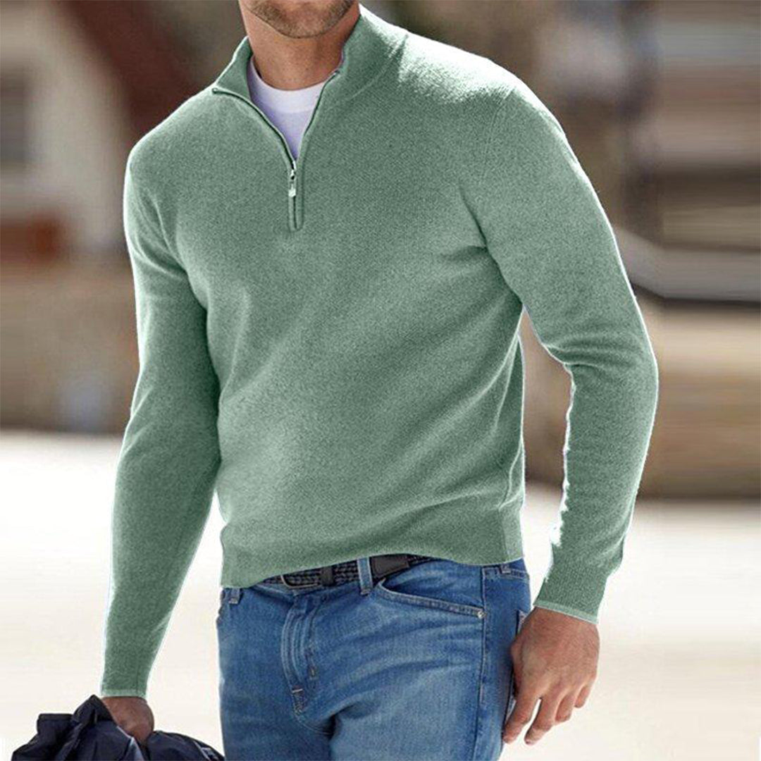 Men's Sweater Quarter-Zip Raised Collar Long Sleeve - Green