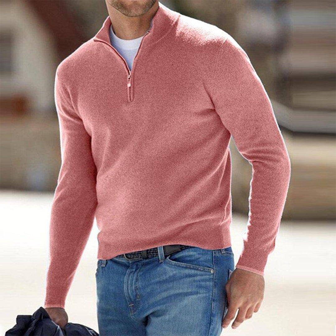 Men's Sweater Quarter-Zip Raised Collar Long Sleeve - Pink