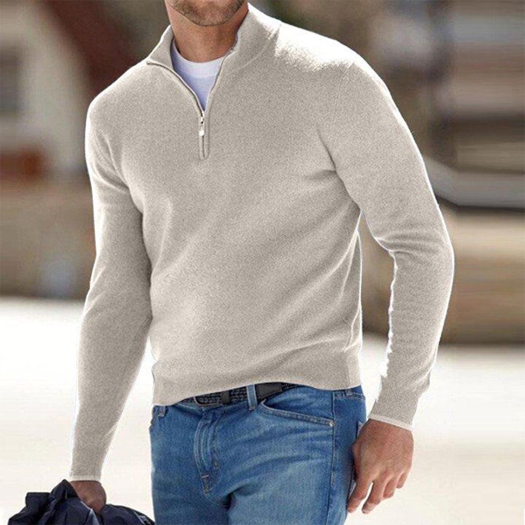 Men's Sweater Quarter-Zip Raised Collar Long Sleeve - Beige