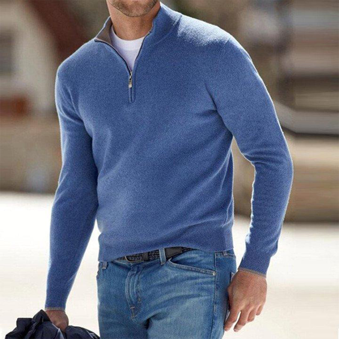 Men's Sweater Quarter-Zip Raised Collar Long Sleeve - Blue