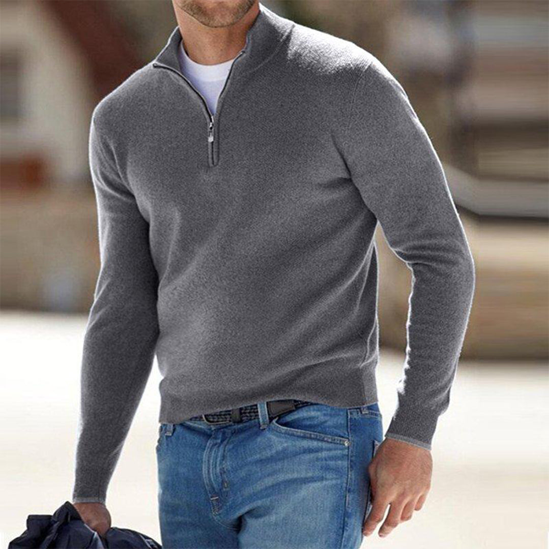 Men's Sweater Quarter-Zip Raised Collar Long Sleeve - Grey