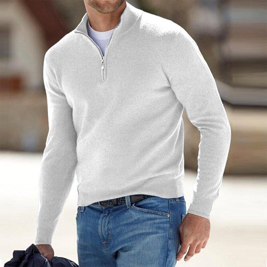 Men's Sweater Quarter-Zip Raised Collar Long Sleeve - White