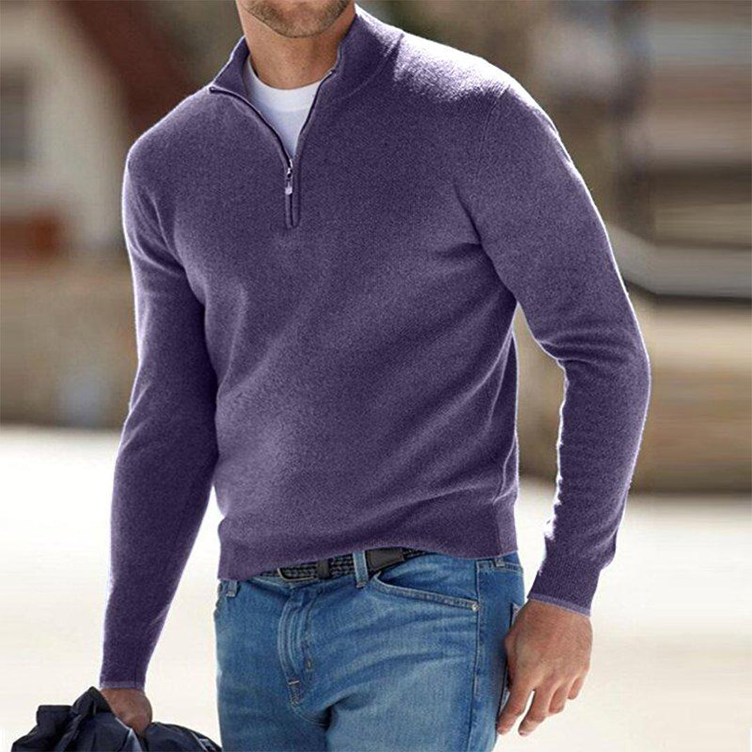 Men's Sweater Quarter-Zip Raised Collar Long Sleeve - Purple