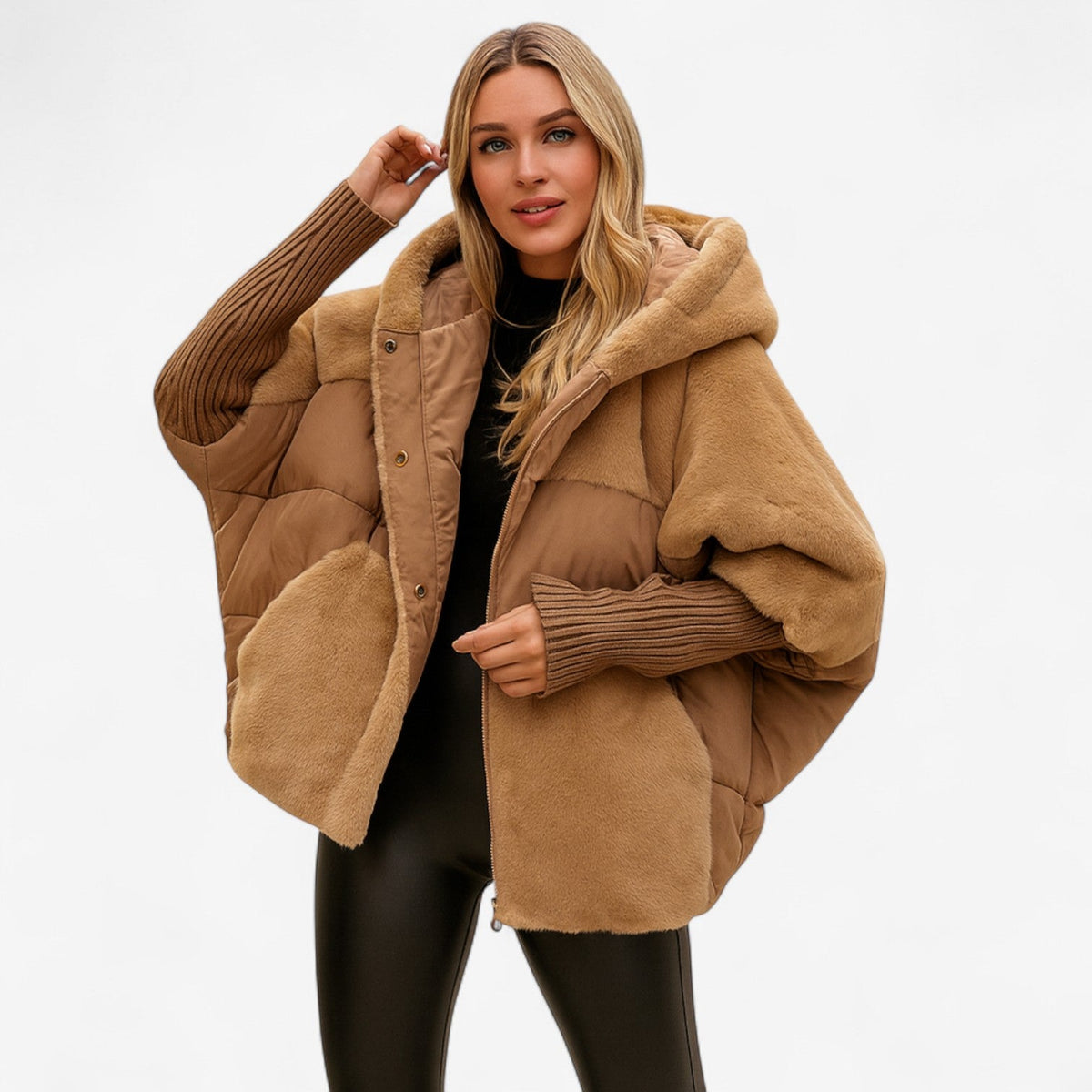Women's oversized padded hooded jacket with ribbed cuffs and zip front