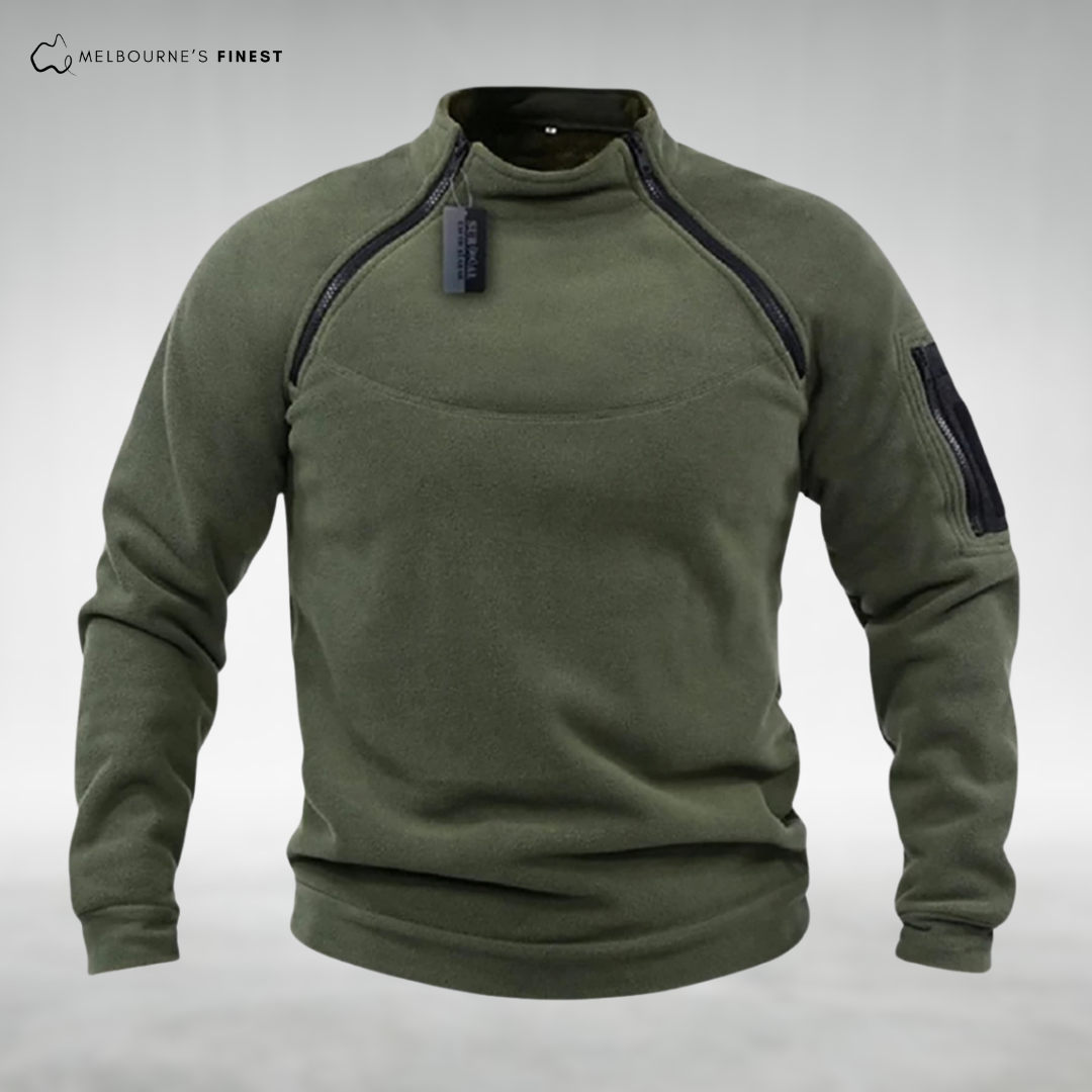 Men's plain fleece pullover with mock neck and zipped chest and sleeve pockets