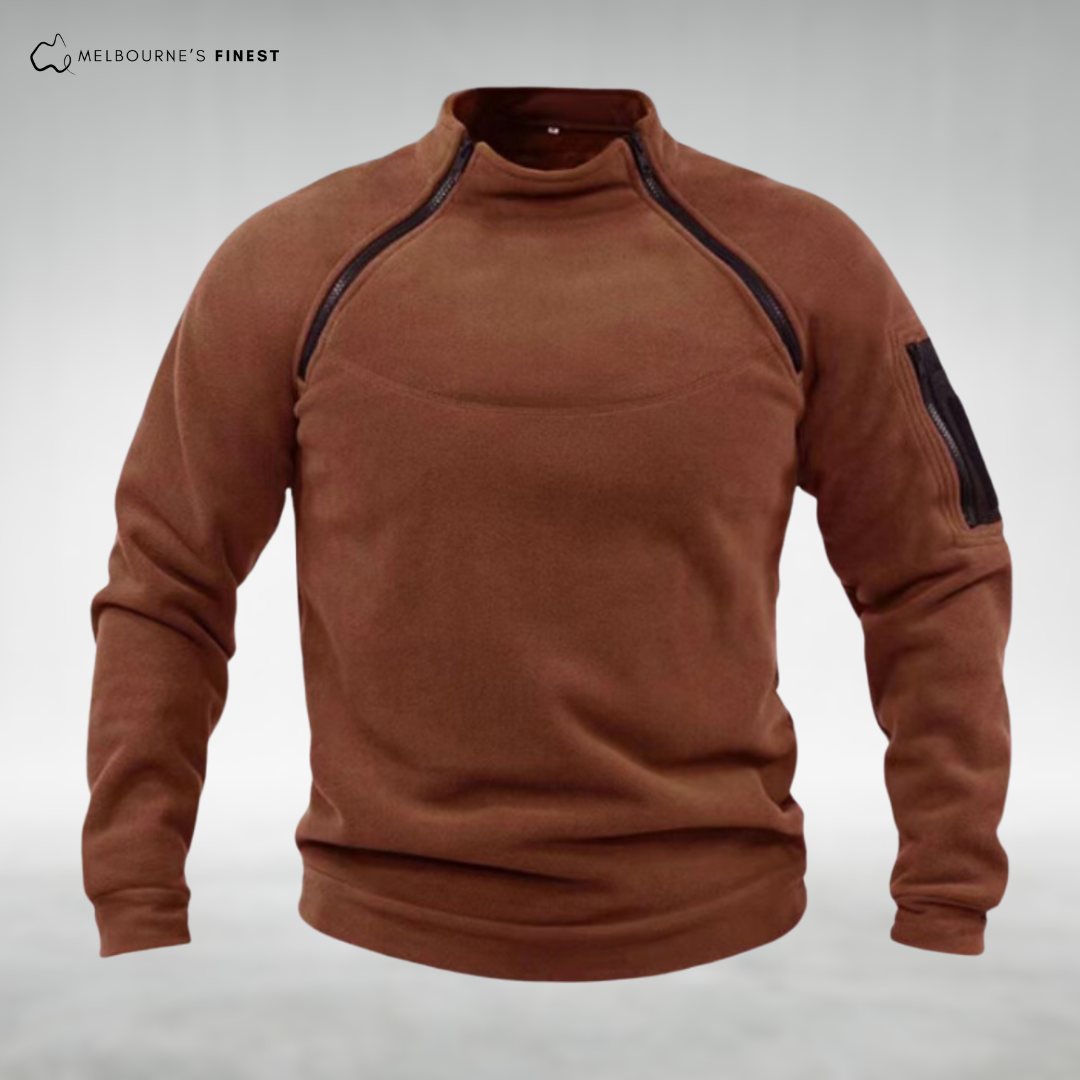 Men's plain fleece pullover with mock neck and zipped chest and sleeve pockets