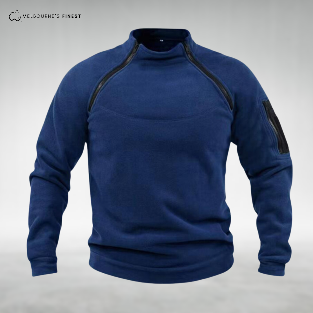 Men's plain fleece pullover with mock neck and zipped chest and sleeve pockets