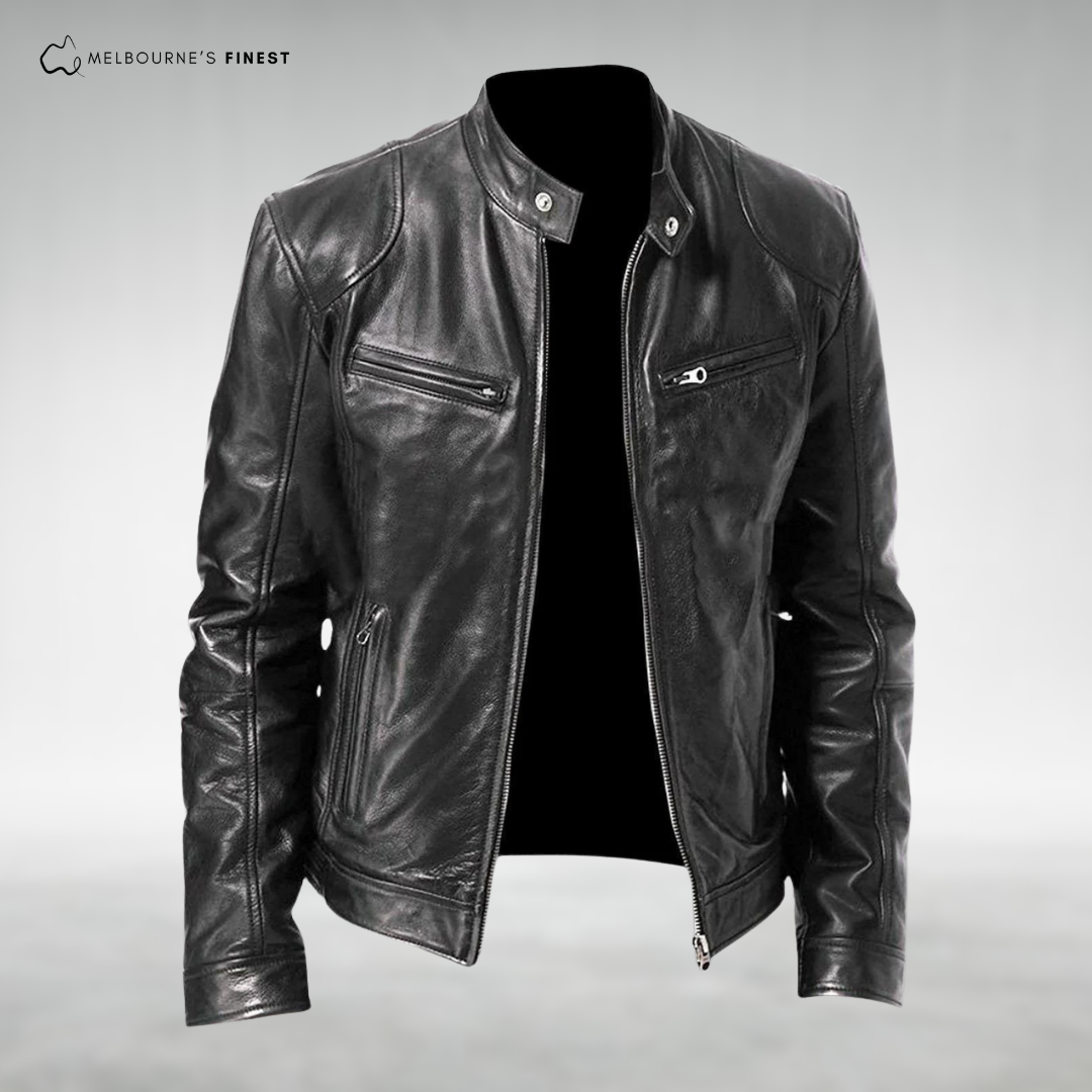 Men's biker jacket with stand collar, long sleeves and zipped pockets