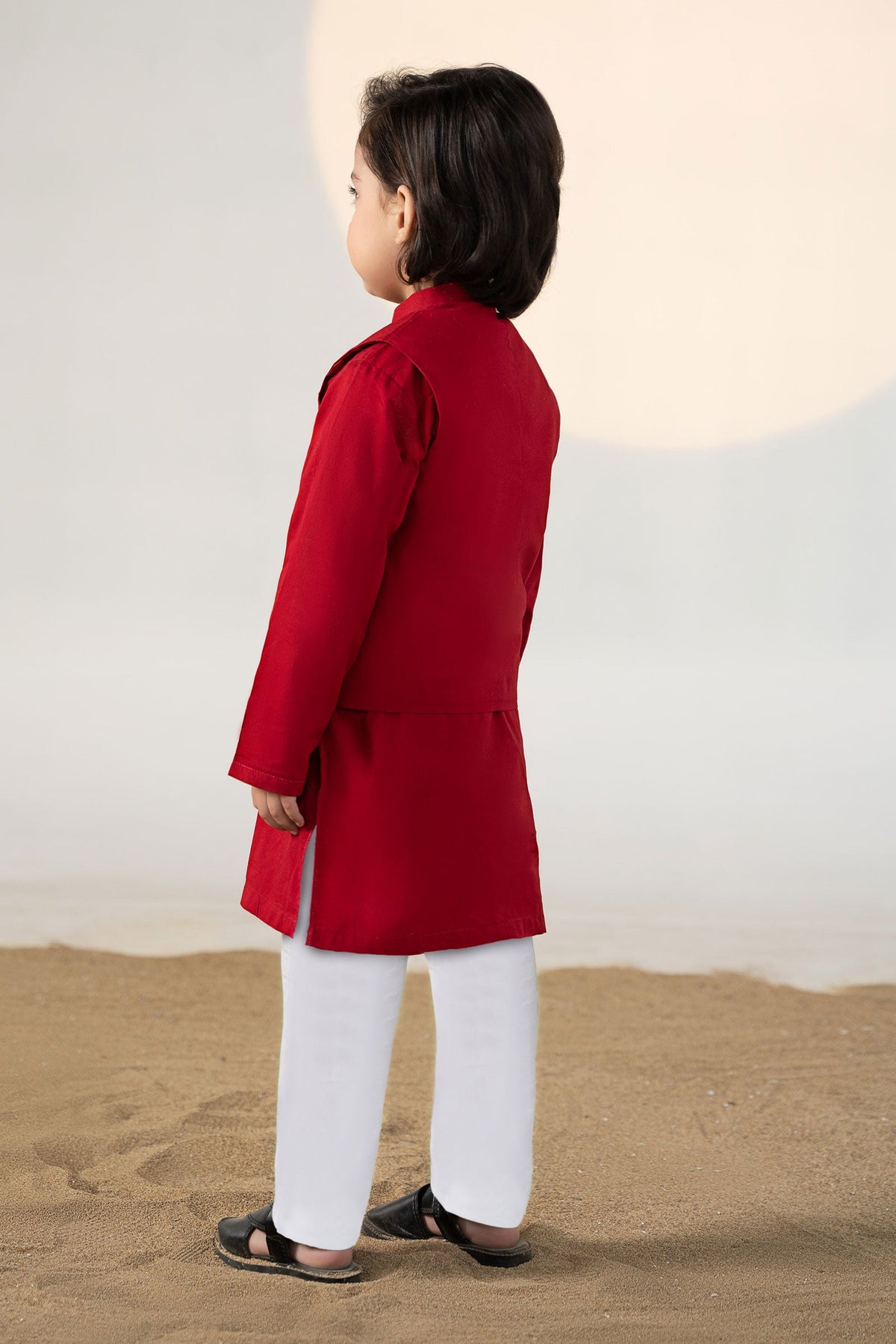 Boys' red traditional suit set with Mandarin collar, long tunic and white trousers