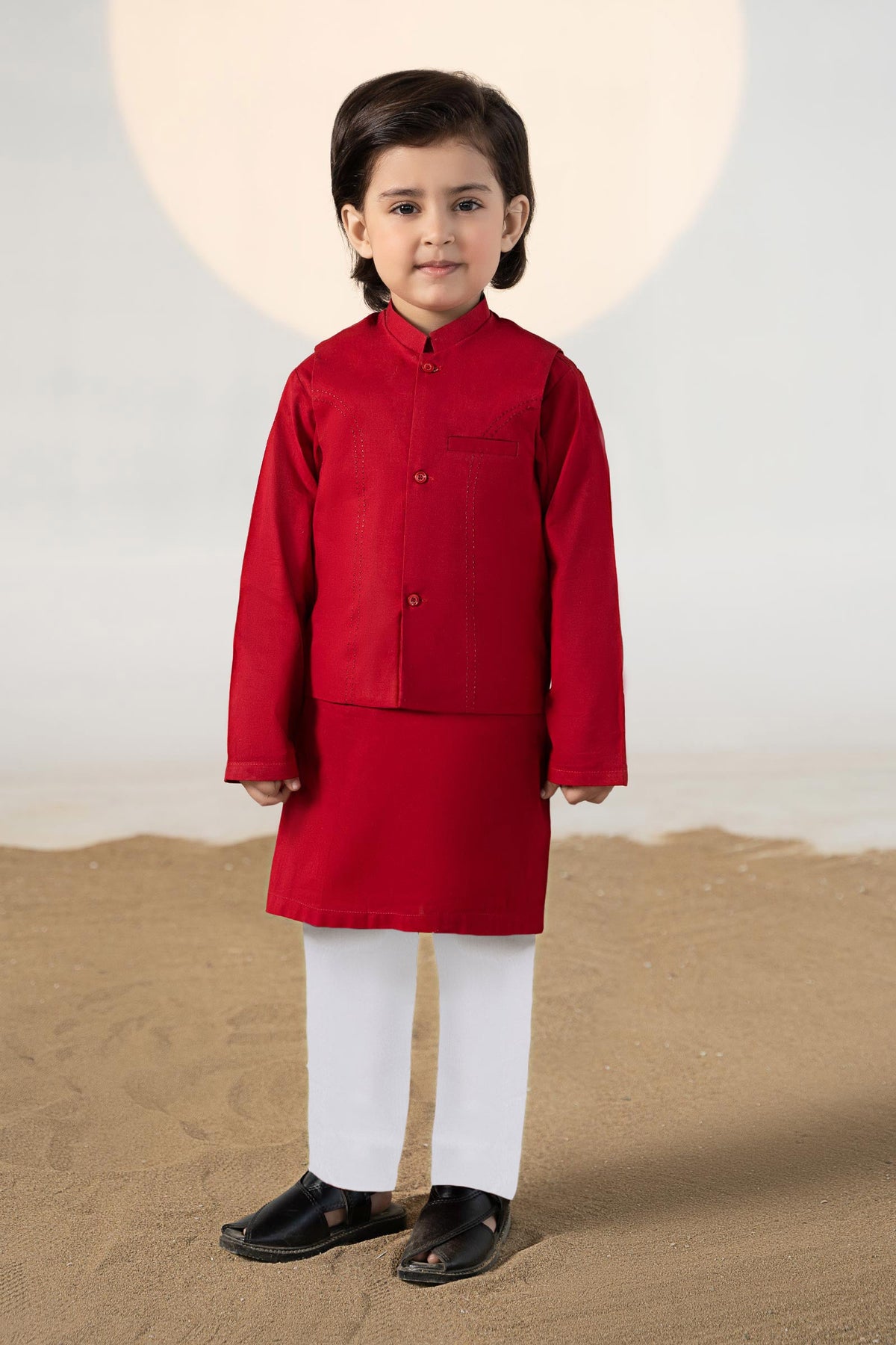 Boys' red traditional suit set with Mandarin collar, long tunic and white trousers
