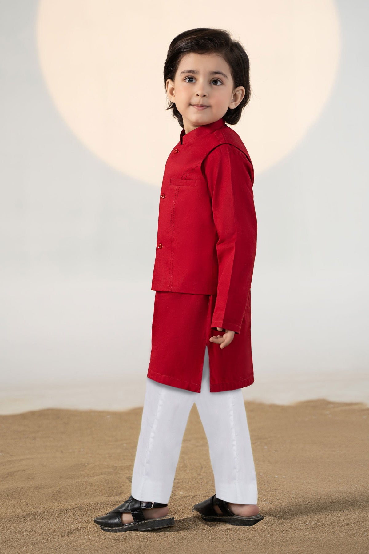 Boys' red traditional suit set with Mandarin collar, long tunic and white trousers
