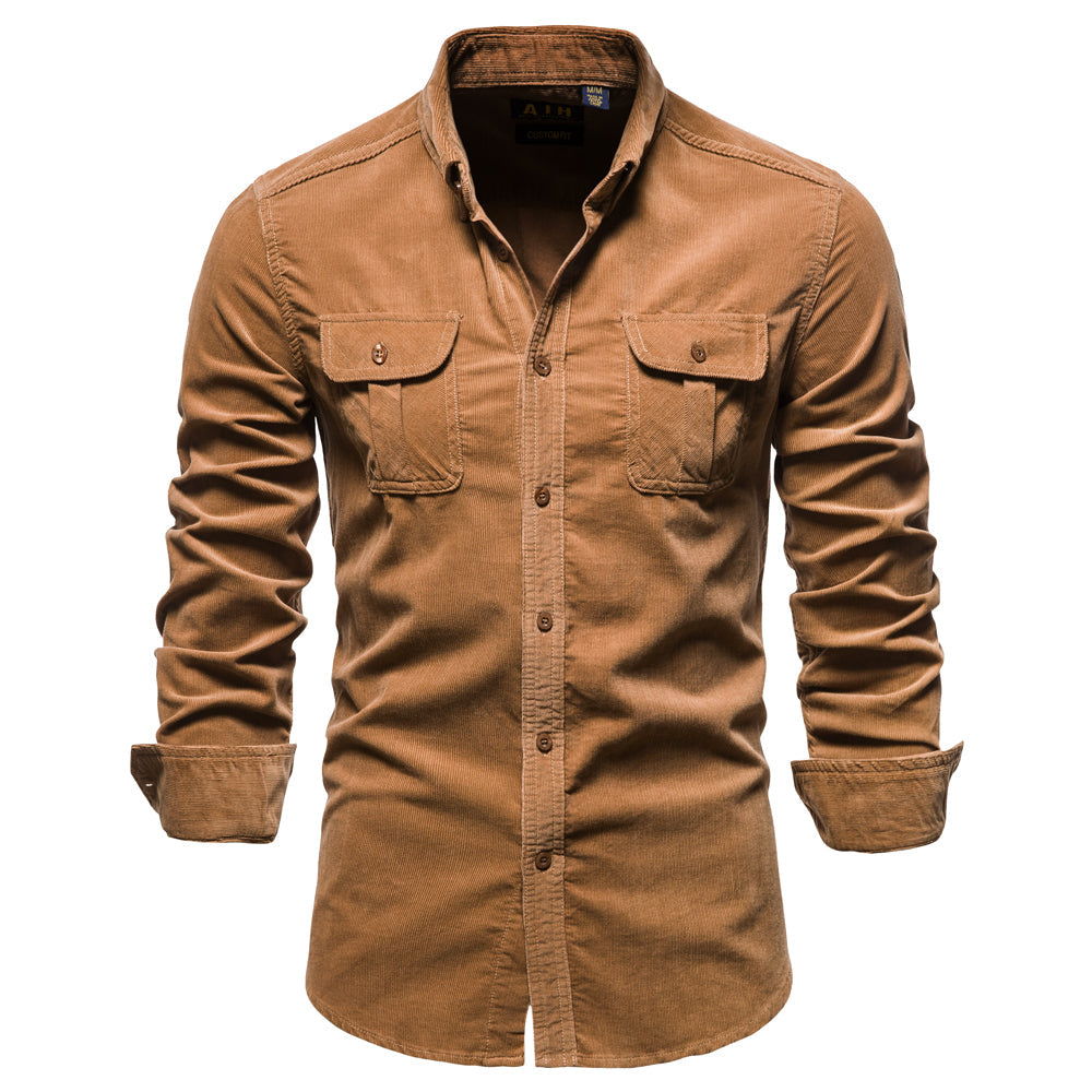 Men's Corduroy Shirt Slim Fit Dual Chest Pockets - Brown