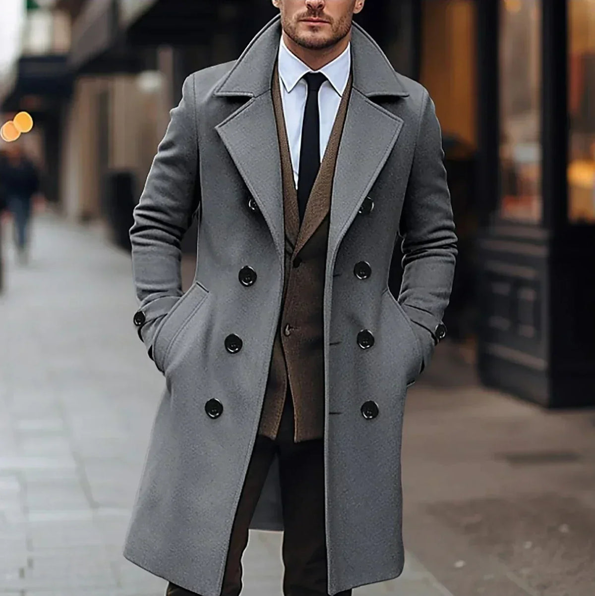 Men's long double-breasted overcoat with notched lapels and buttoned cuffs