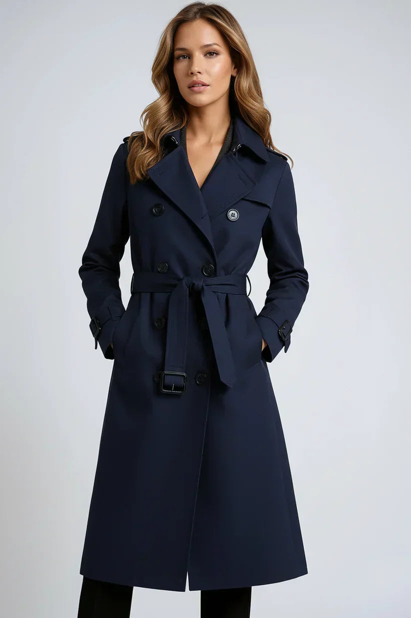 Women's long double-breasted trench coat with belt and notched lapels