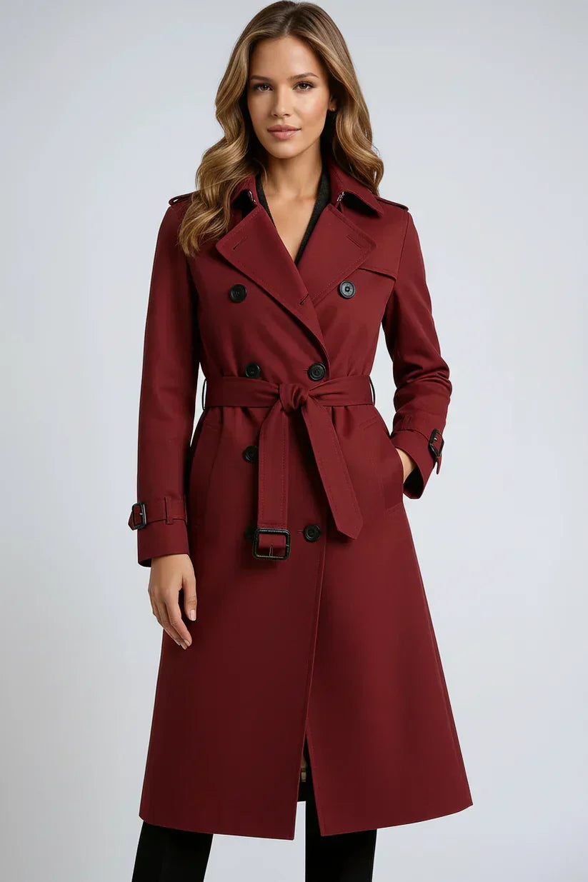 Women's long double-breasted trench coat with belt and notched lapels