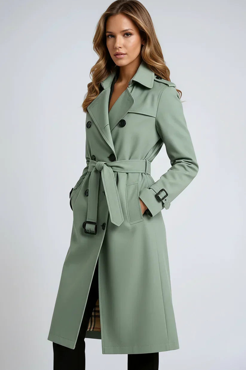 Women's long double-breasted trench coat with belt and notched lapels