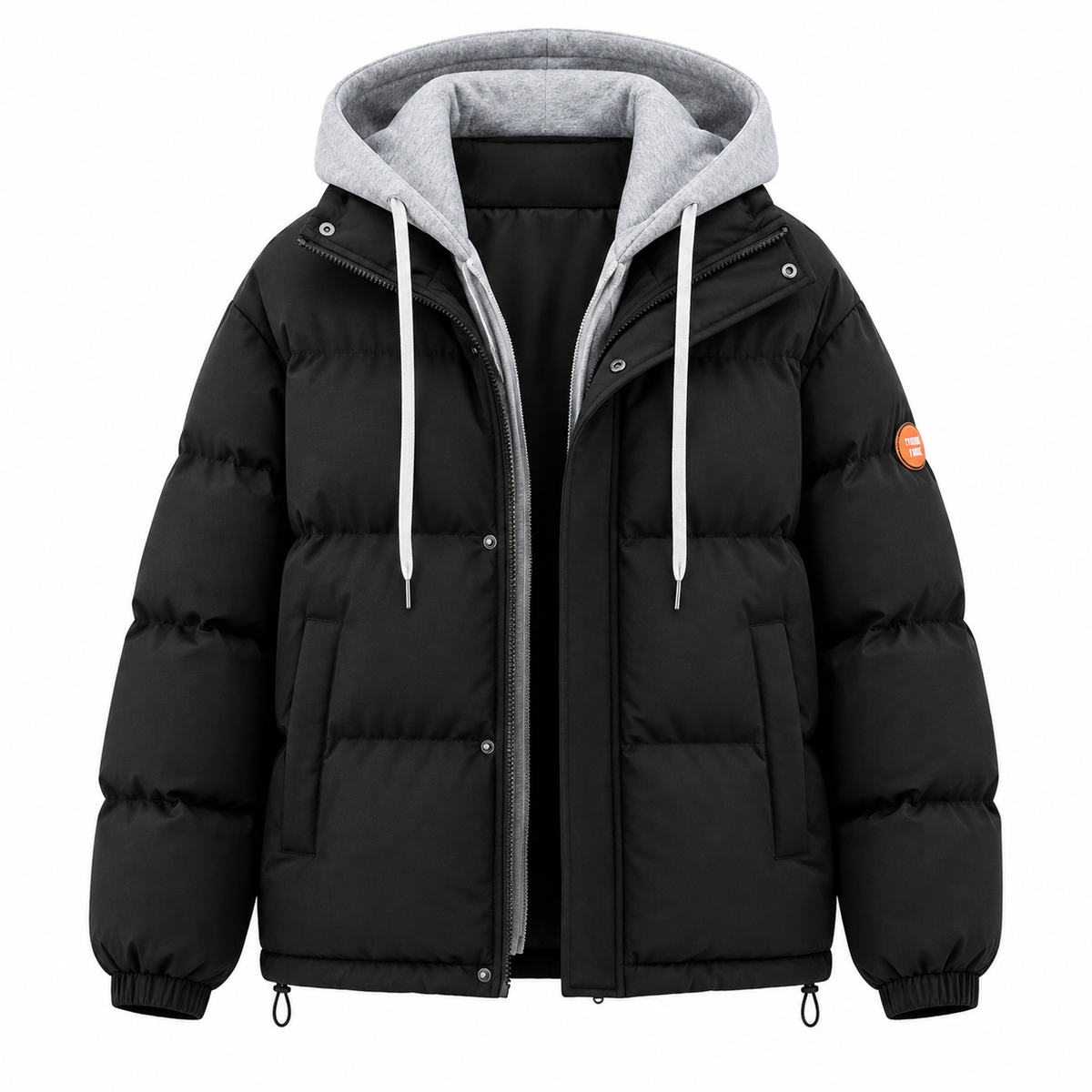 Men's hooded quilted puffer jacket with long sleeves and zip front