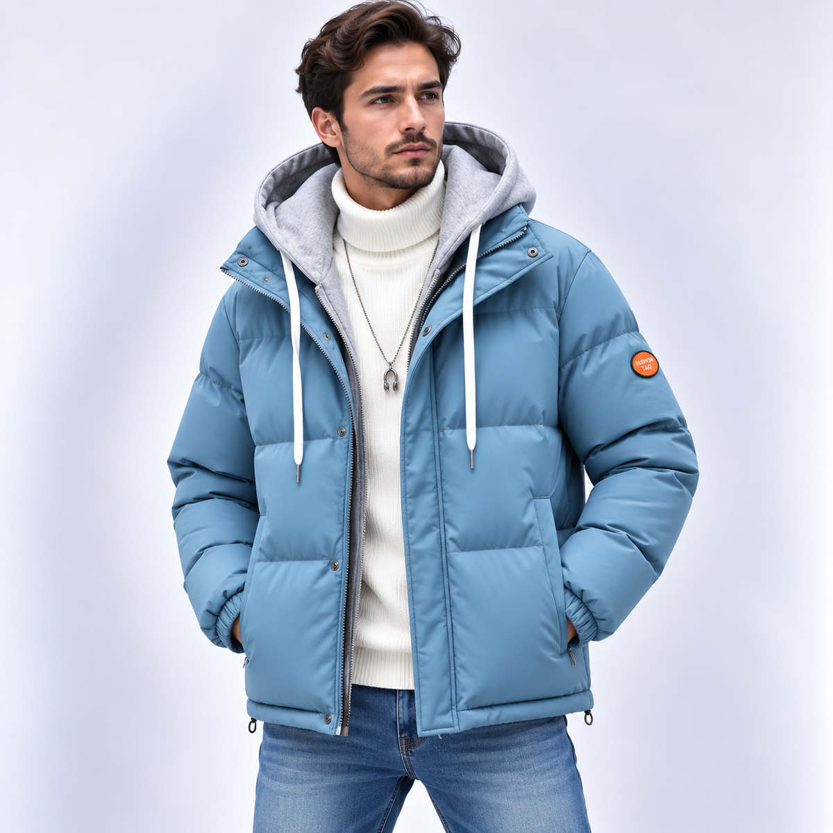 Men's hooded quilted puffer jacket with long sleeves and zip front