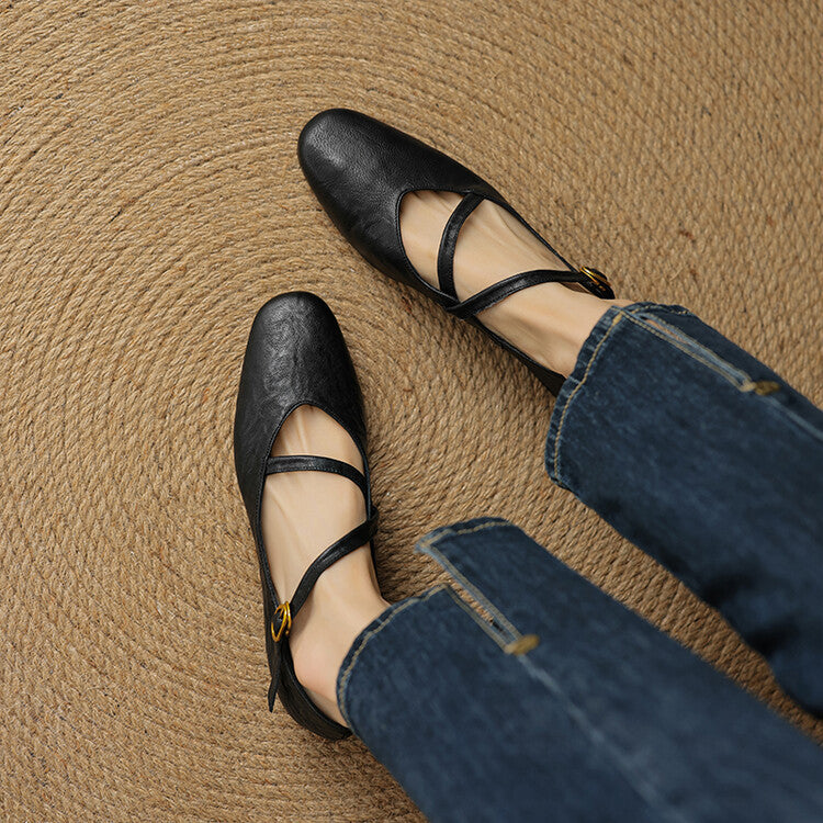Women's Mary Jane flat shoes with double buckle straps and almond toes