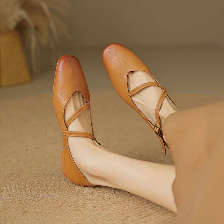 Women's Mary Jane flat shoes with double buckle straps and almond toes