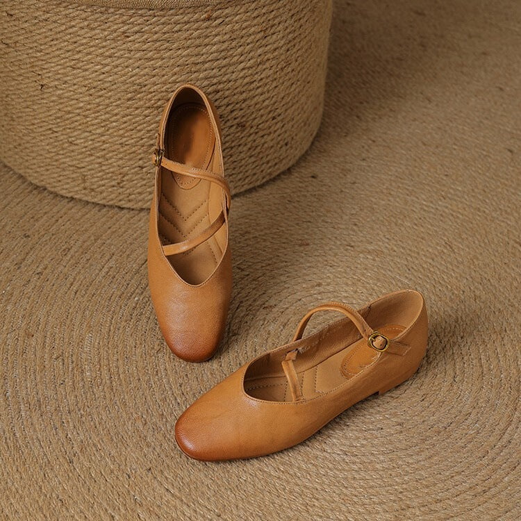 Women's Mary Jane flat shoes with double buckle straps and almond toes
