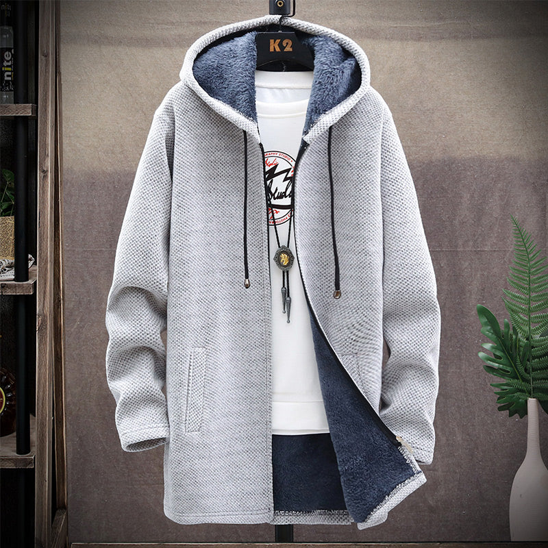 Men's textured hooded zip jacket with long sleeves and lined hood
