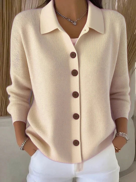 Women's collared button-front ribbed cardigan with long sleeves