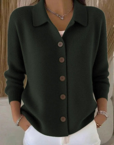 Women's collared button-front ribbed cardigan with long sleeves