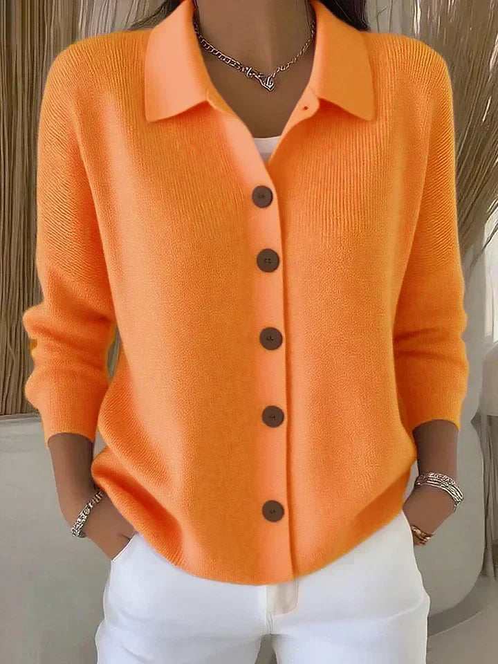 Women's collared button-front ribbed cardigan with long sleeves