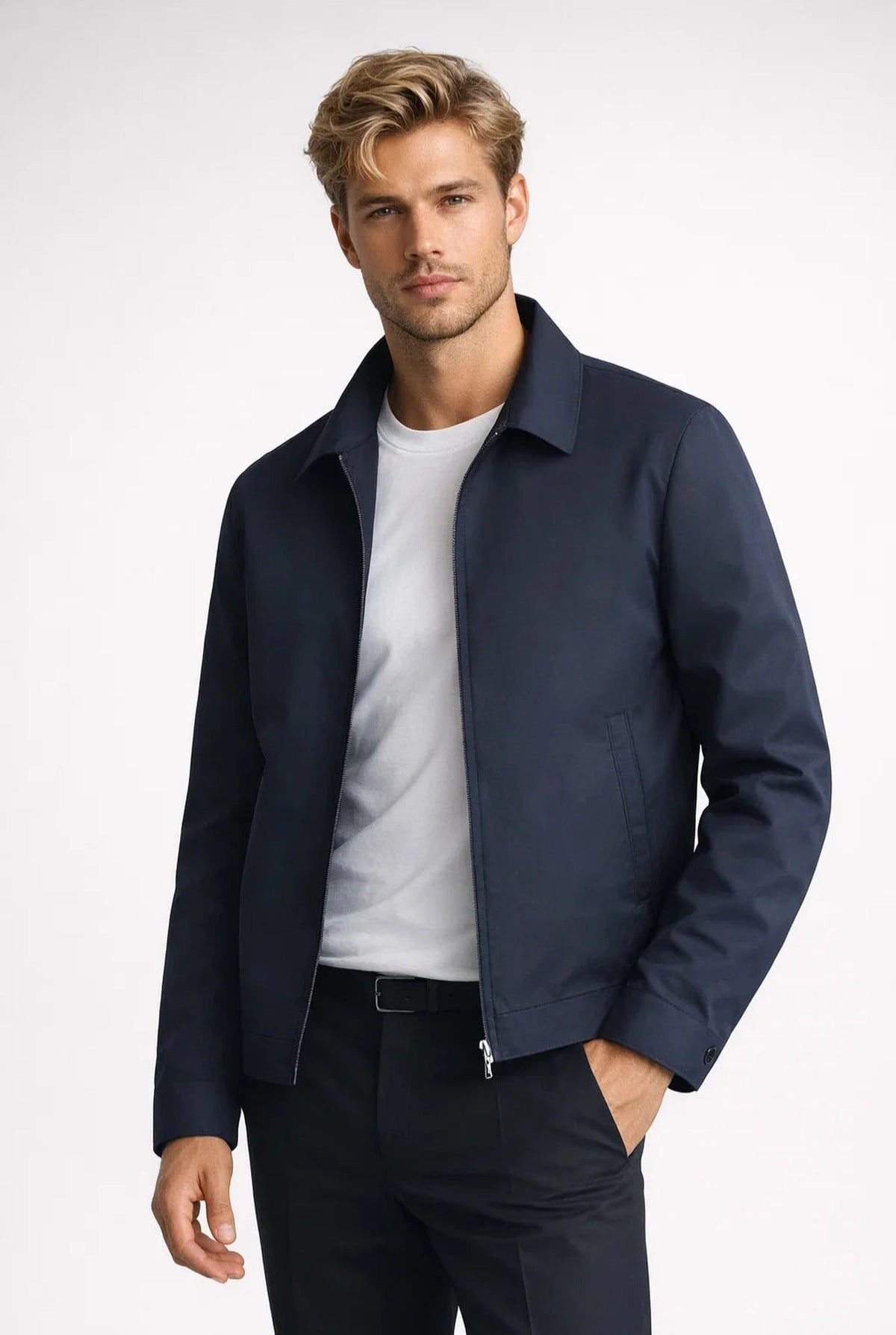 Men's plain zip-up jacket with pointed collar and front pockets