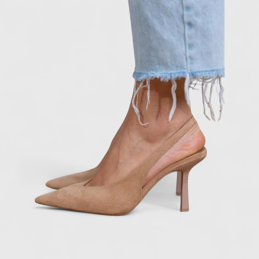 Women's pointed slingback pumps with slim straps and high heels