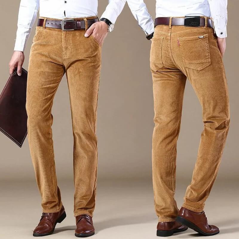 Men's straight-leg corduroy trousers with belt loops and front pockets