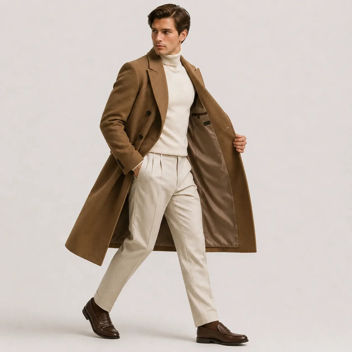 Men's long double-breasted trench coat with notched lapels