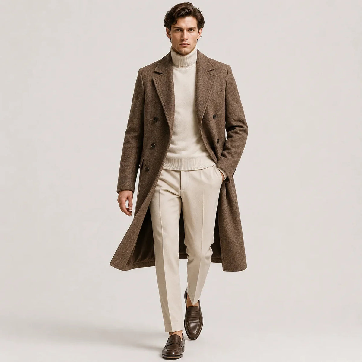 Men's long double-breasted trench coat with notched lapels
