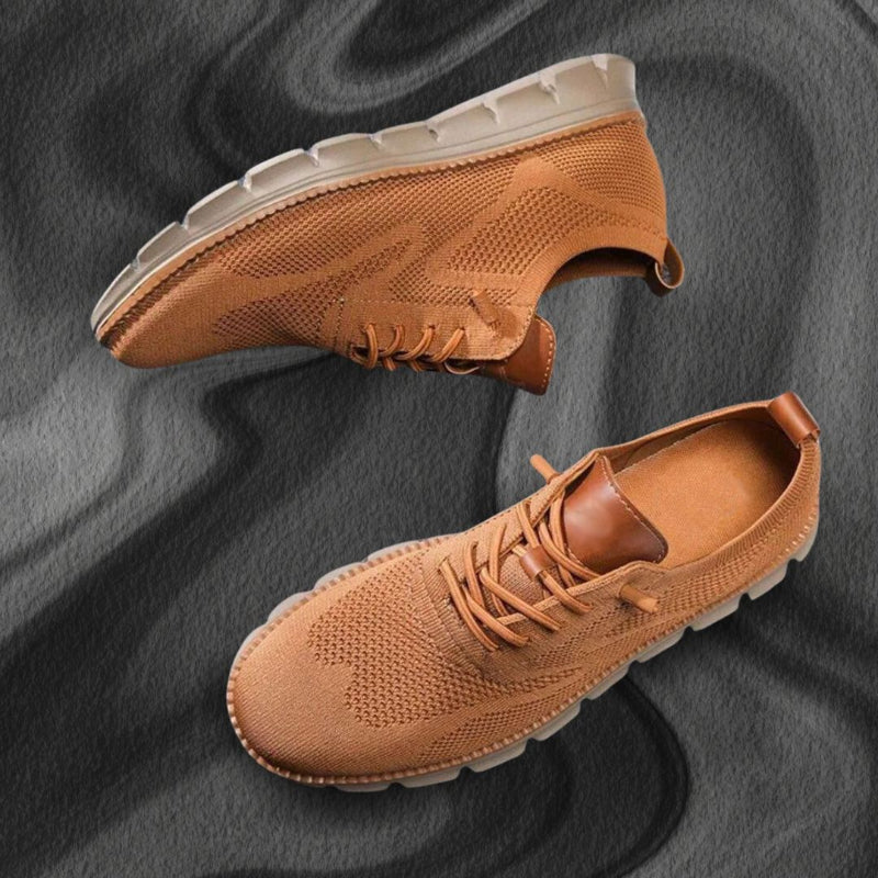 Men's Walking Shoe Knit Lace-Up Leather Trim - Camel