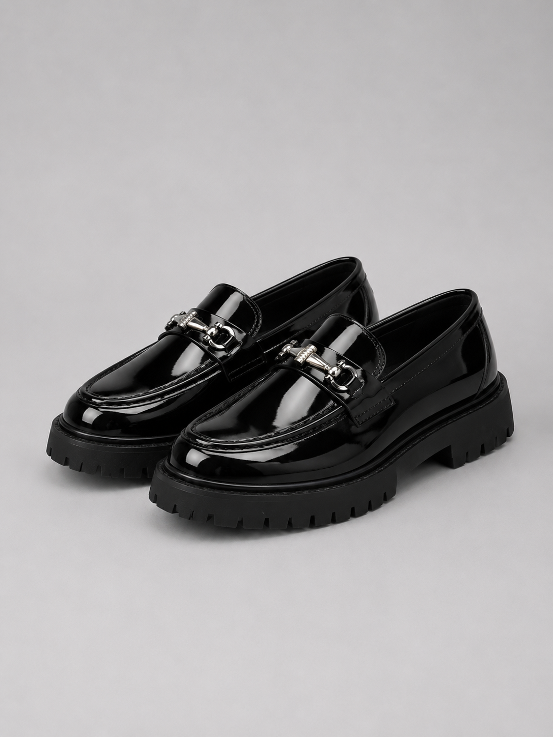 Men's Loafers Patent Leather Chunky Lug Sole - Bright Black