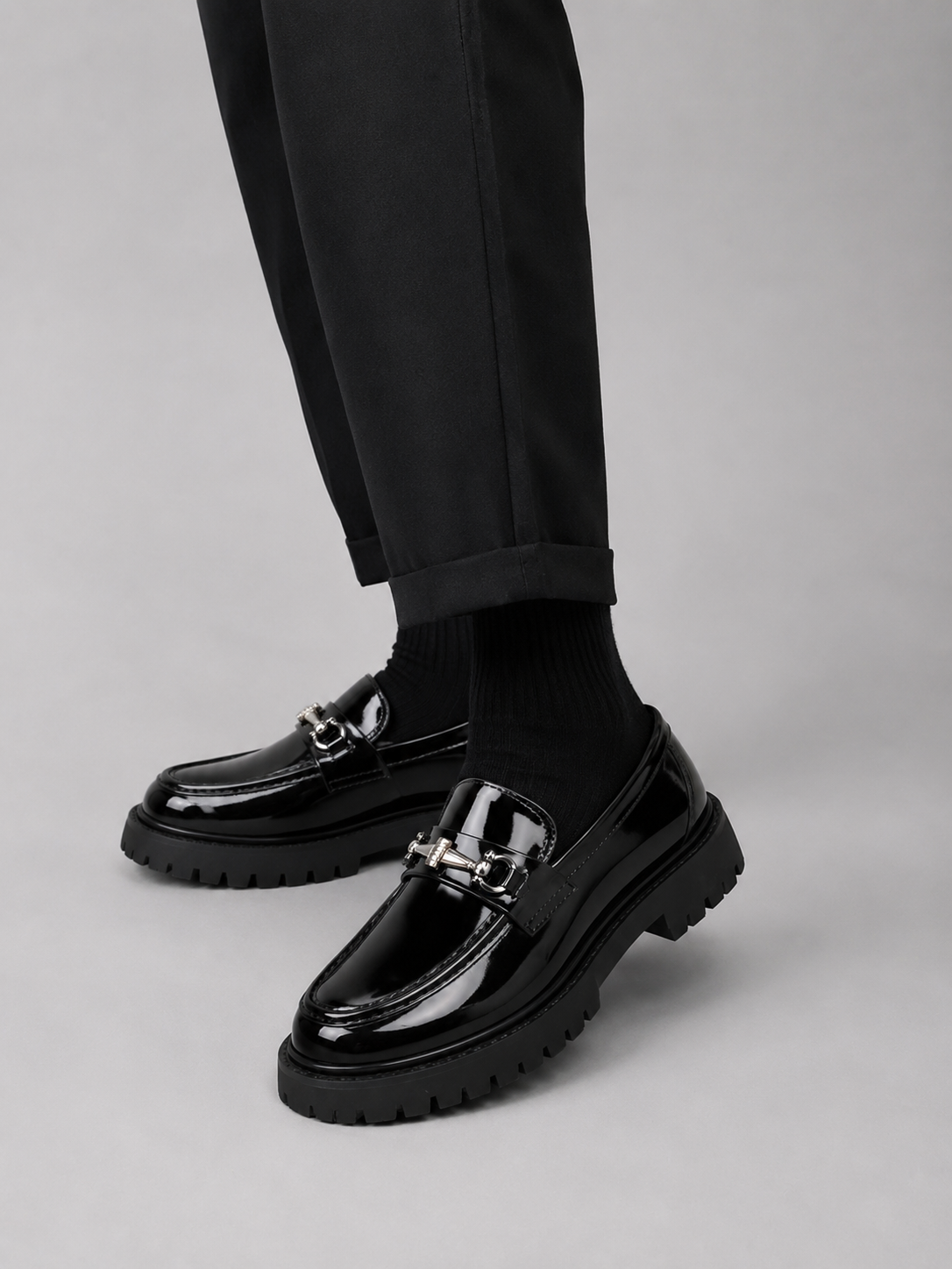 Men's Loafers Patent Leather Chunky Lug Sole - Bright Black