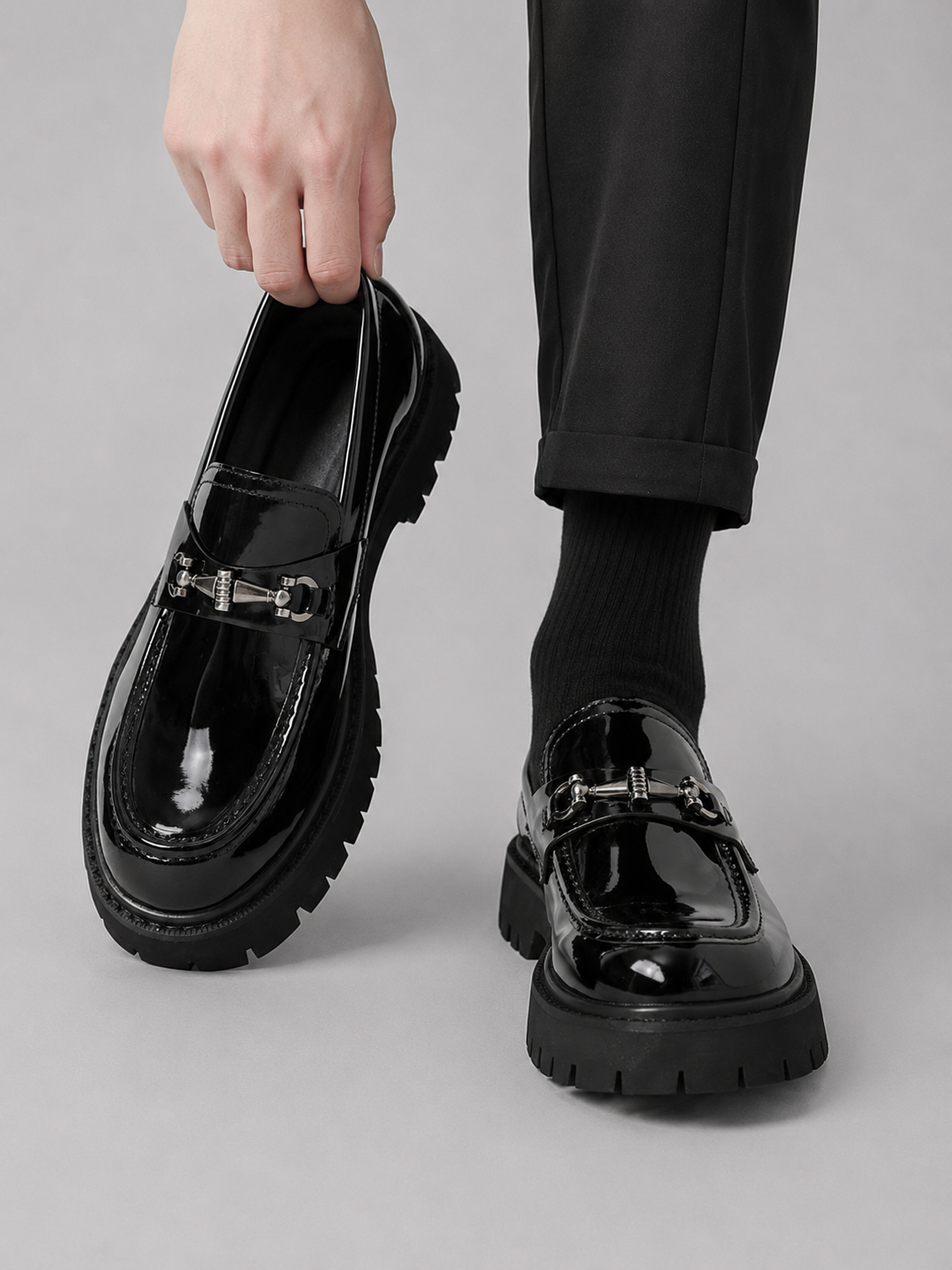 Men's Loafers Patent Leather Chunky Lug Sole - Bright Black