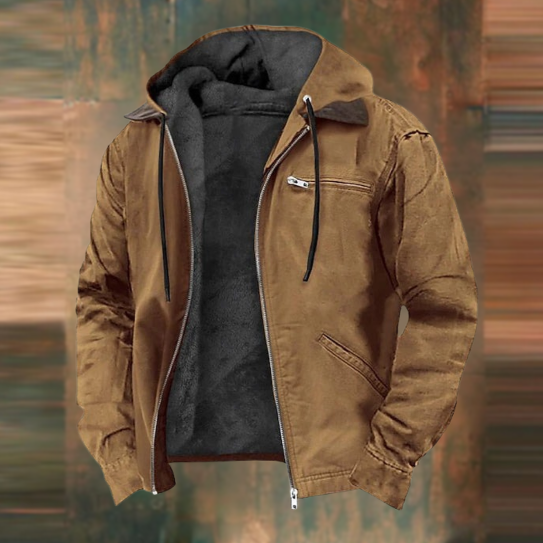 Men's hooded jacket with full zip front, chest zip pocket and side pockets