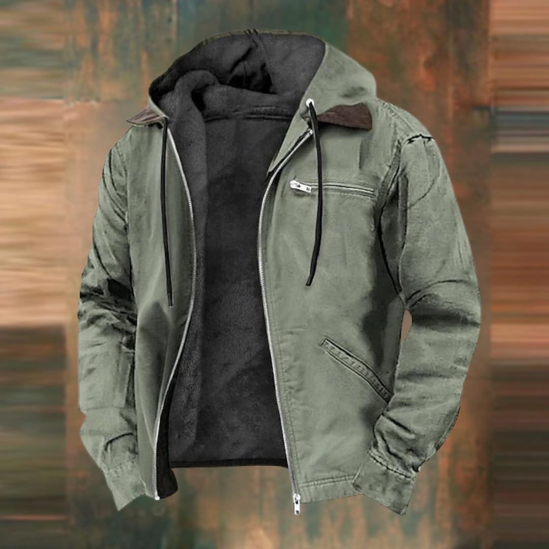 Men's hooded jacket with full zip front, chest zip pocket and side pockets