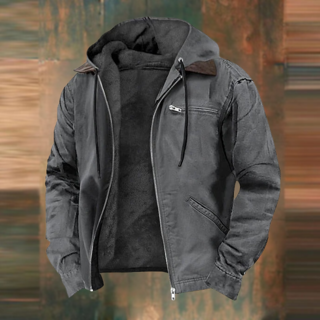 Men's hooded jacket with full zip front, chest zip pocket and side pockets