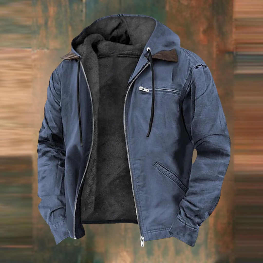 Men's hooded jacket with full zip front, chest zip pocket and side pockets
