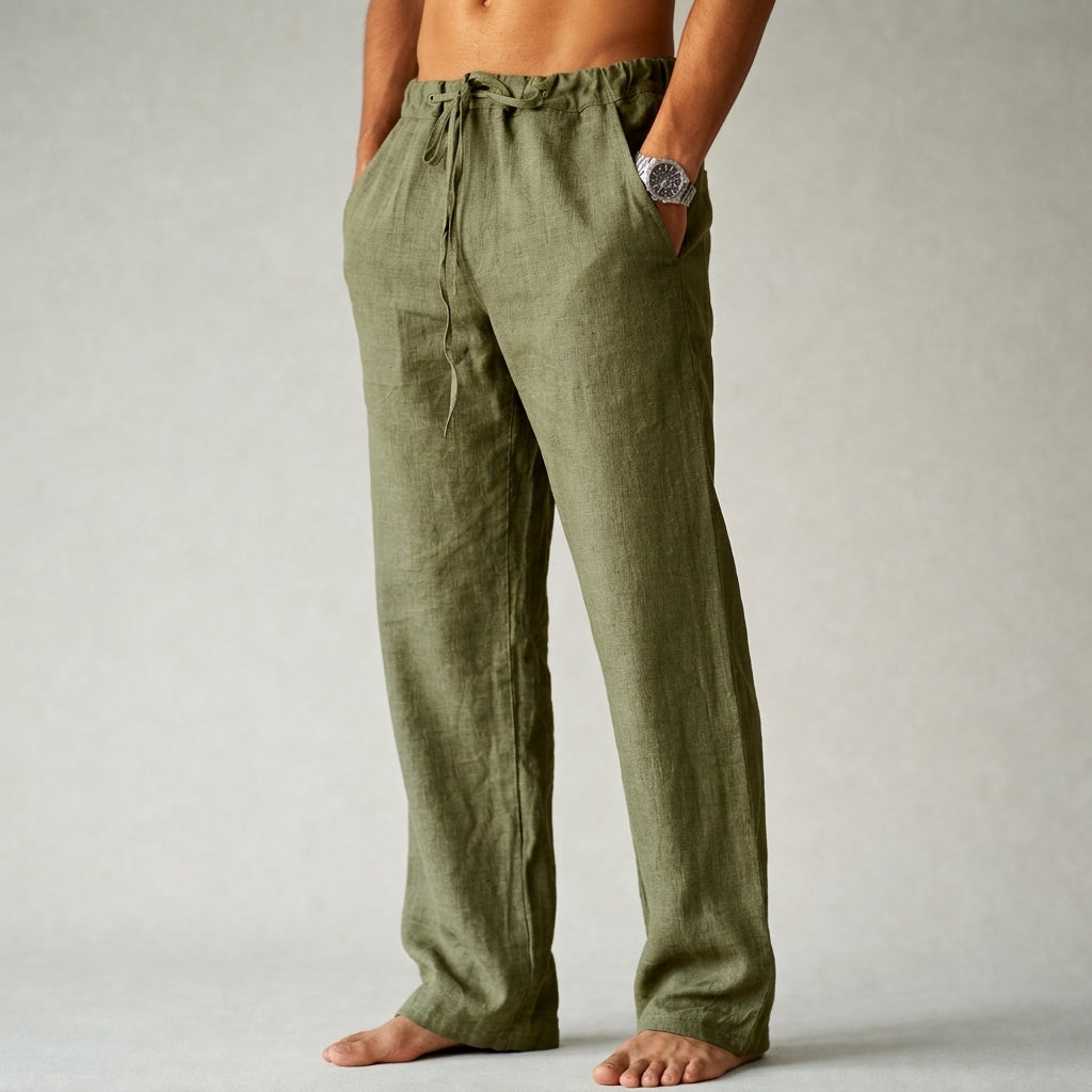 Men's straight leg drawstring trousers with side pockets and gathered waistband