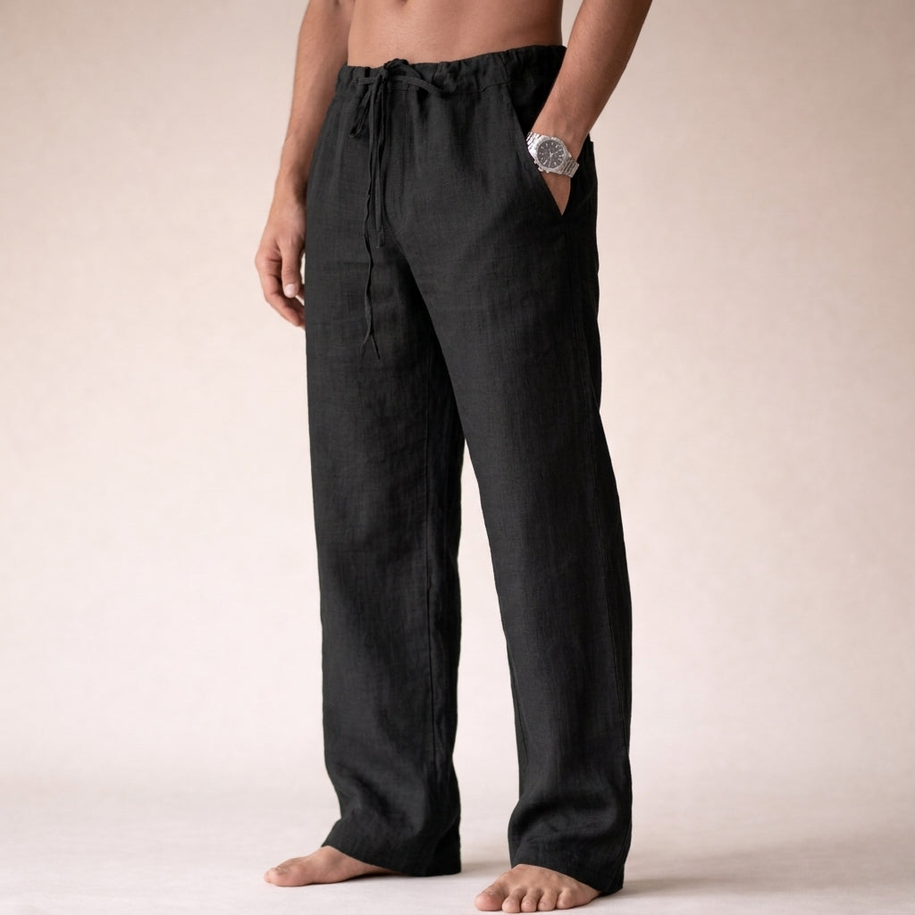 Men's straight leg drawstring trousers with side pockets and gathered waistband