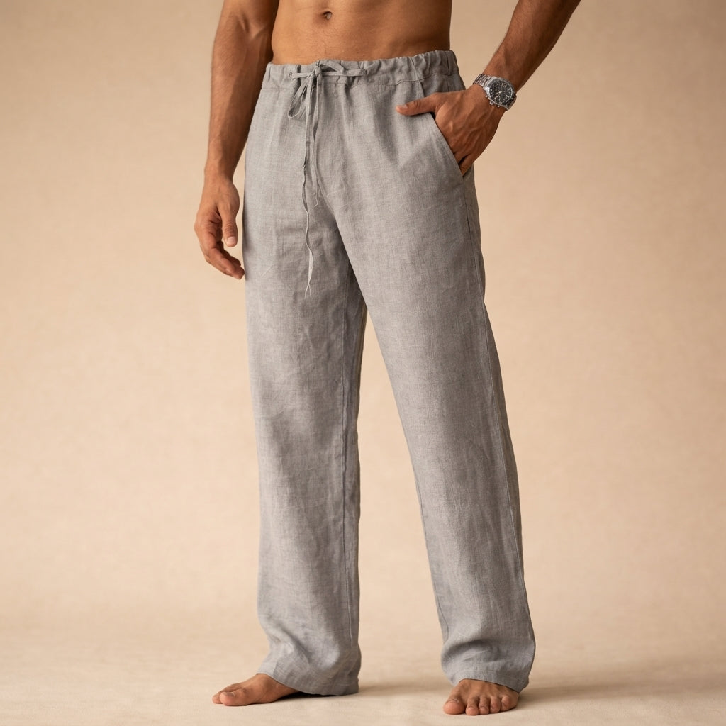 Men's straight leg drawstring trousers with side pockets and gathered waistband