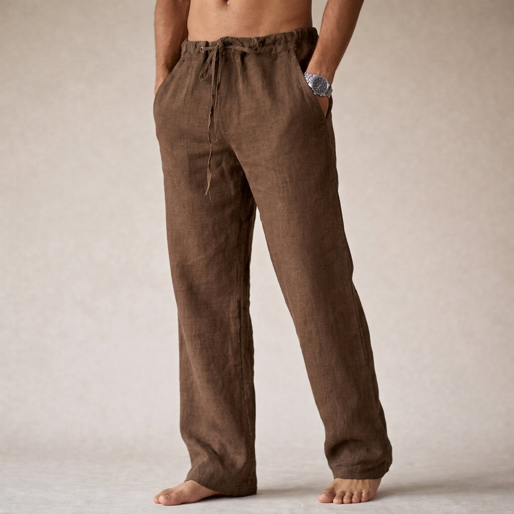 Men's straight leg drawstring trousers with side pockets and gathered waistband
