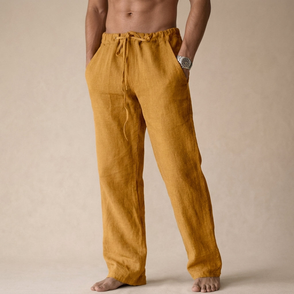 Men's straight leg drawstring trousers with side pockets and gathered waistband