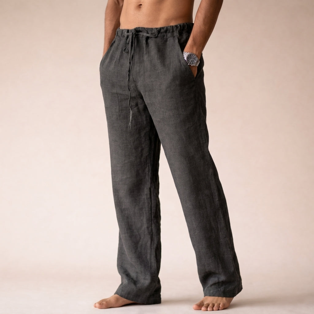 Men's straight leg drawstring trousers with side pockets and gathered waistband